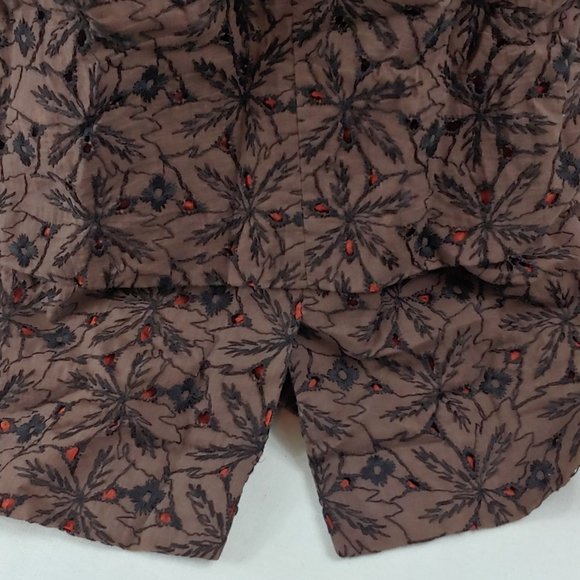 Vintage Brown and Black Floral Eyelet Dress Short Sleeve Lined with Satin Belt - Picture 11 of 15